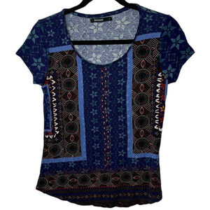 Desigual Scoop Neck Blouse S Blue Geometric Embroidered Short Sleeve Boho Floral